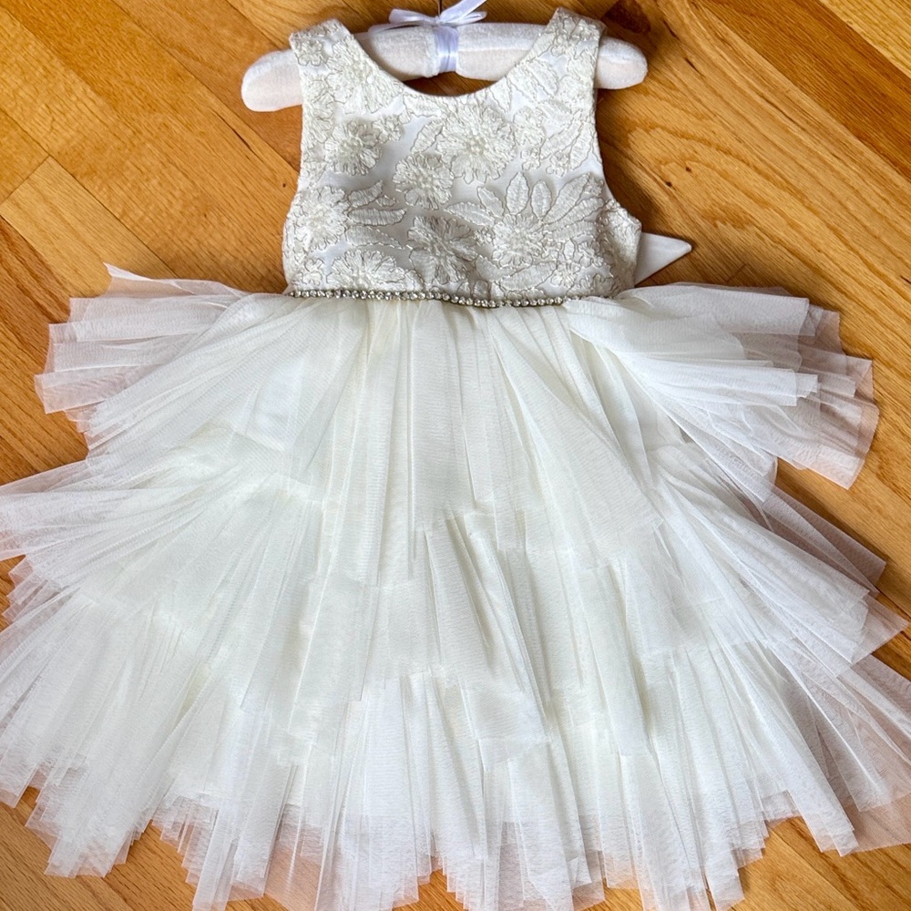 Princess Embroidered Lace & Layered Tulle Dress Rhinestone Detail,Satin Bow